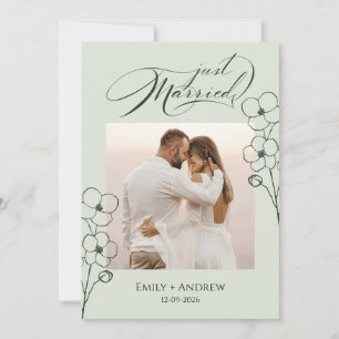 Just Married Sage Green Calligraphy Floral Photo  Announcement