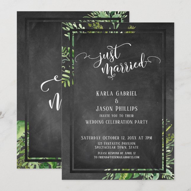 Just Married Script Greenery Bouquet & Chalkboard Invitation (Front/Back)