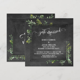 Just Married Script Greenery Bouquet on Chalkboard Invitation