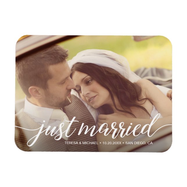 Just Married Script Overlay Custom Wedding Photo Magnet (Horizontal)