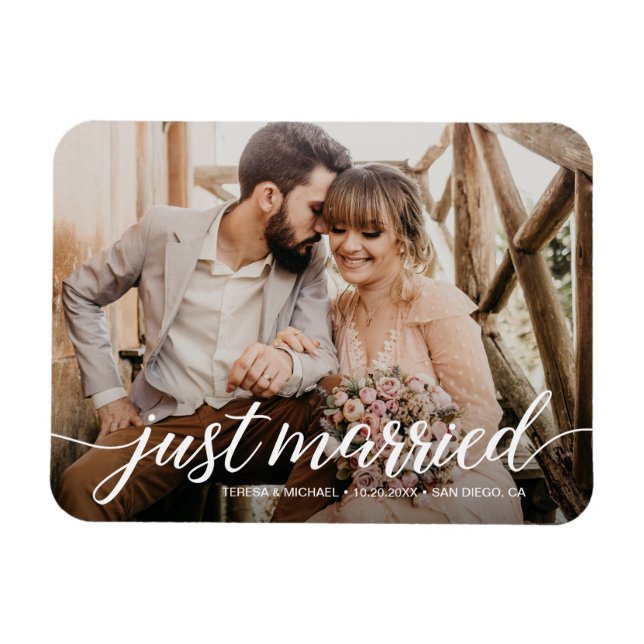 Just Married Script Overlay Wedding Photo Magnet (Horizontal)