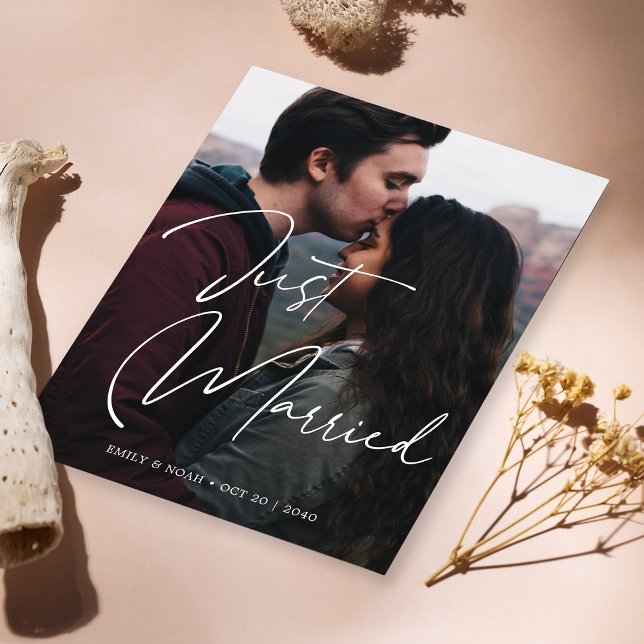 Just Married Script Photo Announcement (Just Married Elegant Hand Lettering Wedding Photo Announcement)