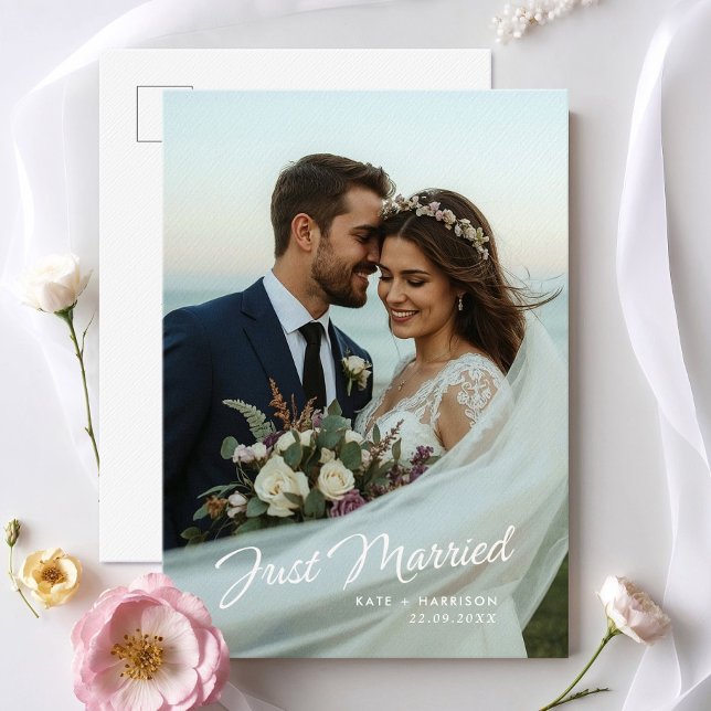 Just Married Script Wedding Photo Announcement Postcard (Creator Uploaded)