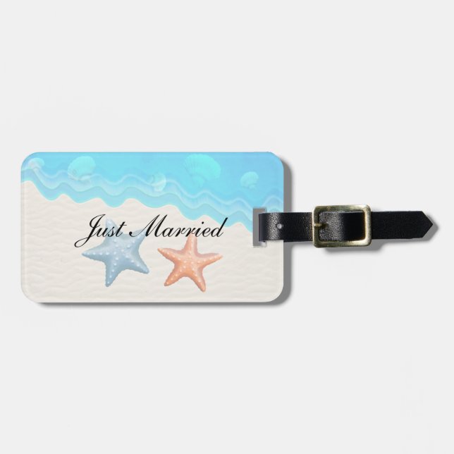 Just Married Seashells Beach Wedding Luggage Tag (Front Horizontal)