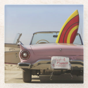 Just Married Sign And Surfboard Glass Coaster