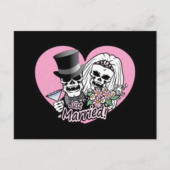 Just Married Skulls Announcement Postcard (Front)
