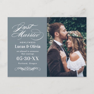 Just Married Slate Grey Elegant Wedding Photo Announcement Postcard
