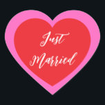 Just Married Sticker<br><div class="desc">Just Married heart sticker is shown in a double heart design.
Colour Hot Pink & Red</div>