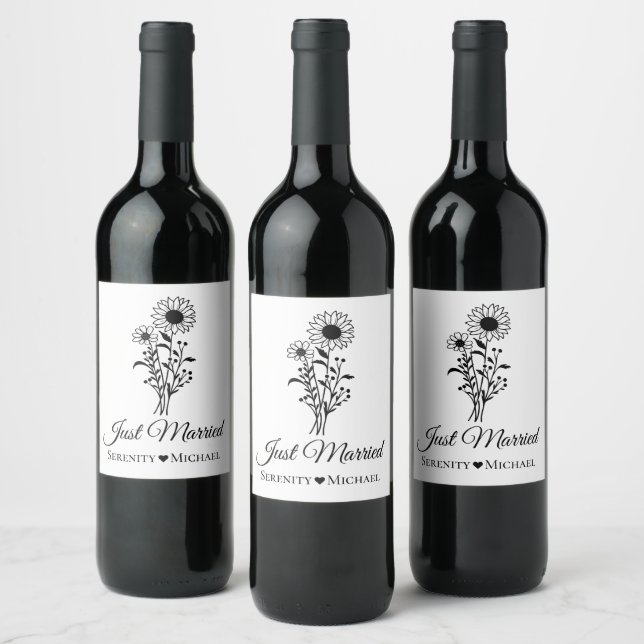 Just Married Sunflower Wedding Rustic Wildflowers Wine Label (Bottles)