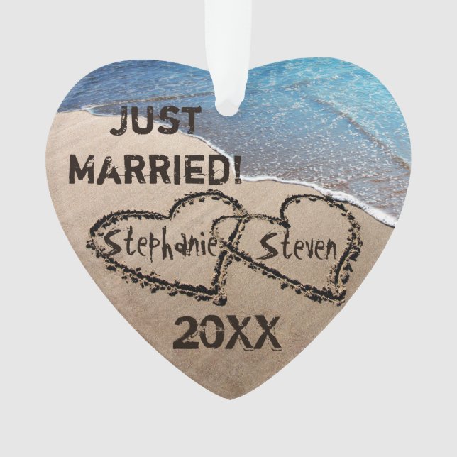 Just Married! Two Hearts In Sand Ornament (Front)