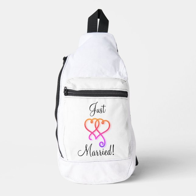 Just Married Two Linked Swirly Rainbow Hearts Sling Bag (Front)