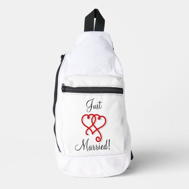 Just Married Two Linked Swirly Red Hearts Sling Bag (Front)
