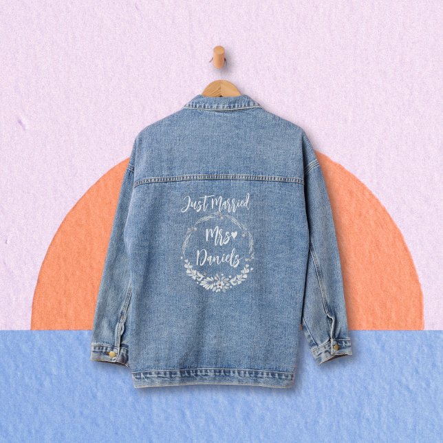 Just Married typography and floral wreath wedding Denim Jacket (Creator Uploaded)