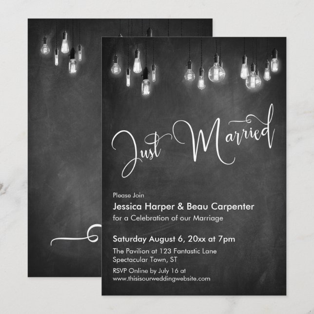 Just Married Typography Edison Lights Chalkboard Invitation (Front/Back)
