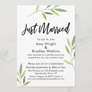 Just Married Typography Green Watercolor Foliage Invitation