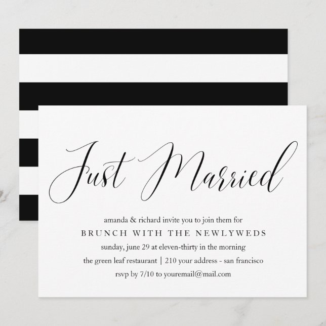 Just Married typography post wedding brunch Invitation (Front/Back)
