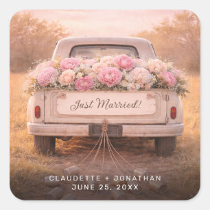 Just Married Vintage Truck Blush Floral Wedding Square Sticker