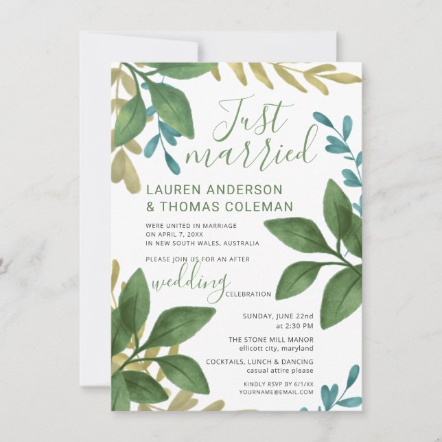 Just Married Watercolor Foliage Reception Only Invitation (Front)