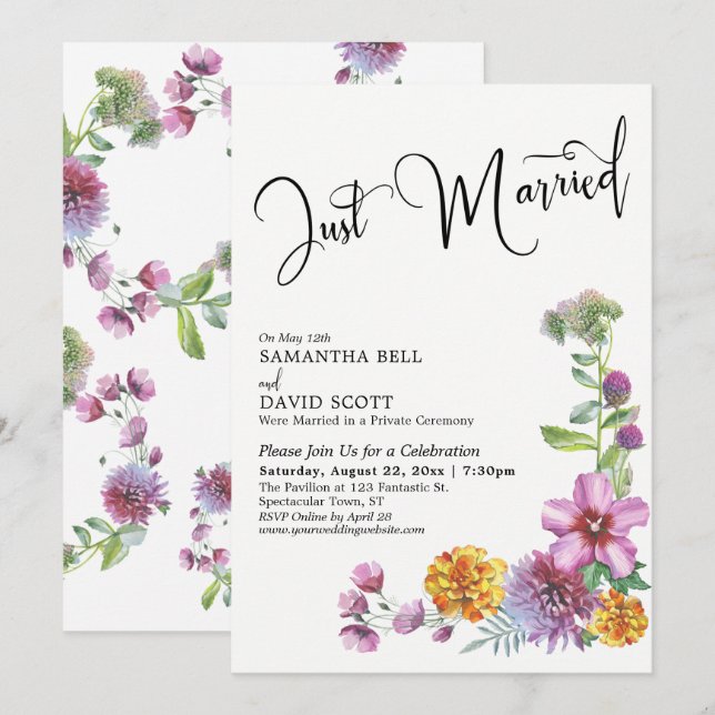 Just Married Watercolor Wildflowers Reception Invitation (Front/Back)