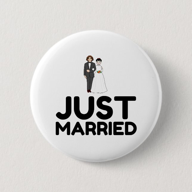 JUST MARRIED WEDDING BRIDE GROOM 6 CM ROUND BADGE (Front)