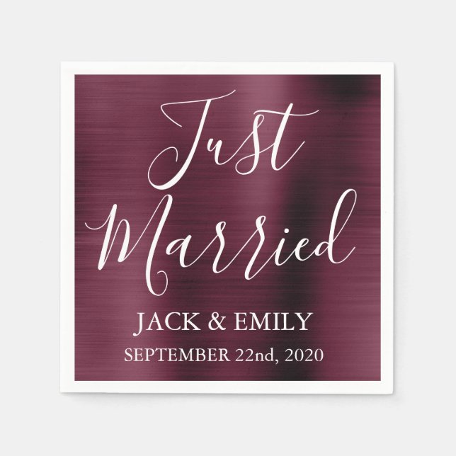 Just Married Wedding Burgundy Cranberry Napkins (Front)