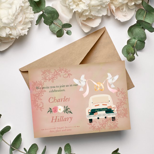 Just Married Wedding Car and Flying Doves Invitation (Creator Uploaded)