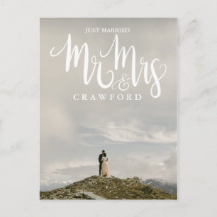 Just Married Wedding Elopement White Calligraphy Postcard
