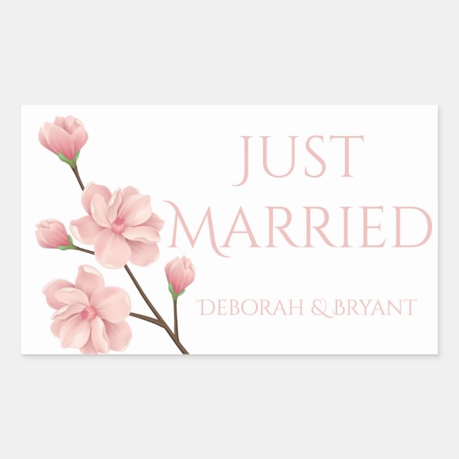 Just Married Wedding Pink Cherry Blossom Flower Rectangular Sticker (Front)