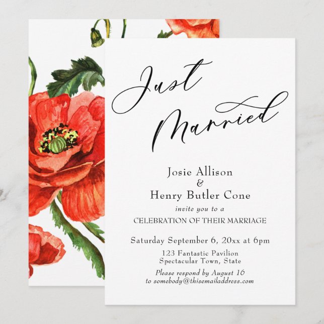 Just Married Wedding Reception, Red Poppies Invitation (Front/Back)