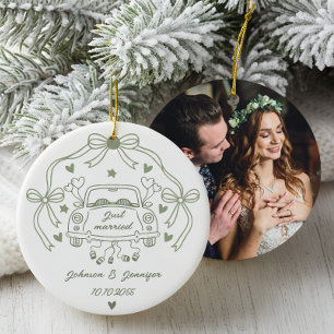 Just Married Whimsical Bow Personalised Photo Ceramic Tree Decoration