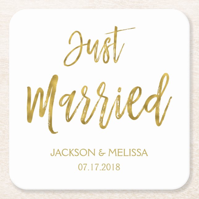 Just Married White and Gold Foil Coasters (Front)
