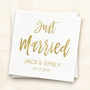 Just Married White and Gold Foil Napkins