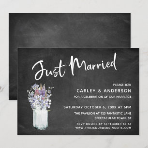 Just Married Wildflowers in Jar on Chalkboard Invitation