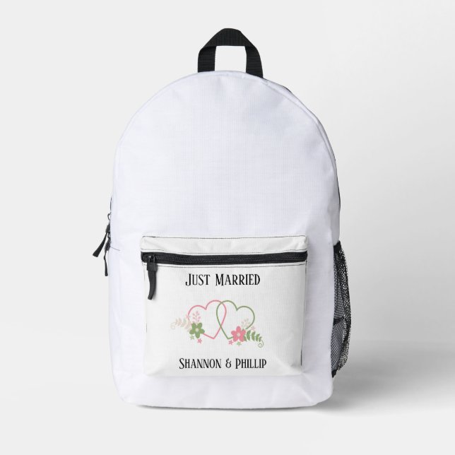 Just Married with Bride & Groom Names  Printed Backpack (Front)