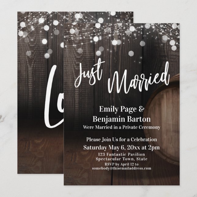 Just Married Wood Wine Barrel Lights Reception Invitation (Front/Back)