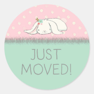Just Moved! Pink and Green Bunny with Flowers Classic Round Sticker