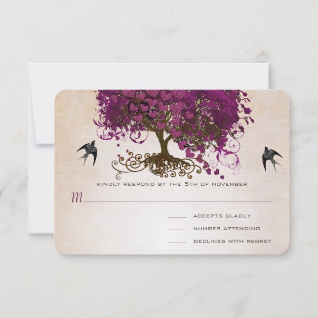 Just Peachy Sangria Heart Leaf Tree Wedding RSVP (Front)