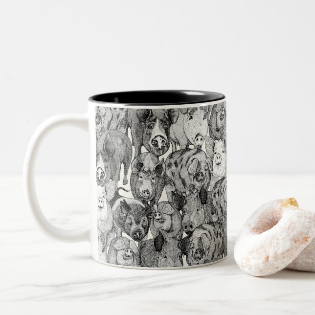 just pigs black half pearl Two-Tone coffee mug (With Donut)