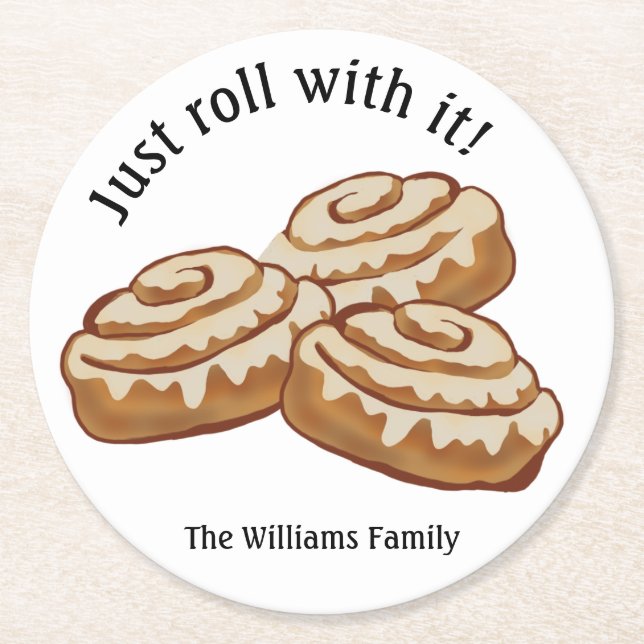 Just roll with it coasters, Cinnamon buns, rolls Round Paper Coaster (Front)