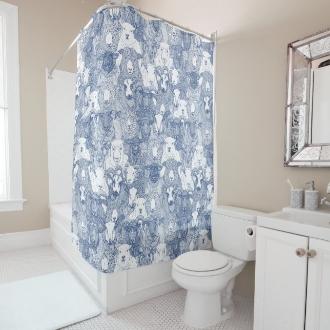 just sheep classic blue white shower curtain (In Situ)