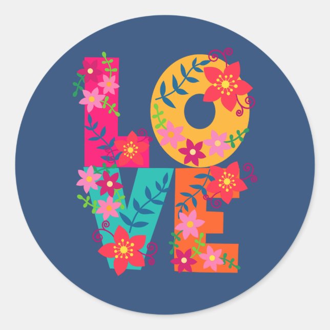 Just the word love and flowers. T-Shirt Classic Round Sticker (Front)