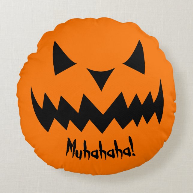 Just Tricks Evil Smiling Pumpkin Halloween Round Cushion (Front)