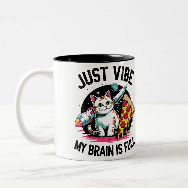 "Just Vibe" - Space Cat & Pizza Two-Tone Coffee Mug (Left)
