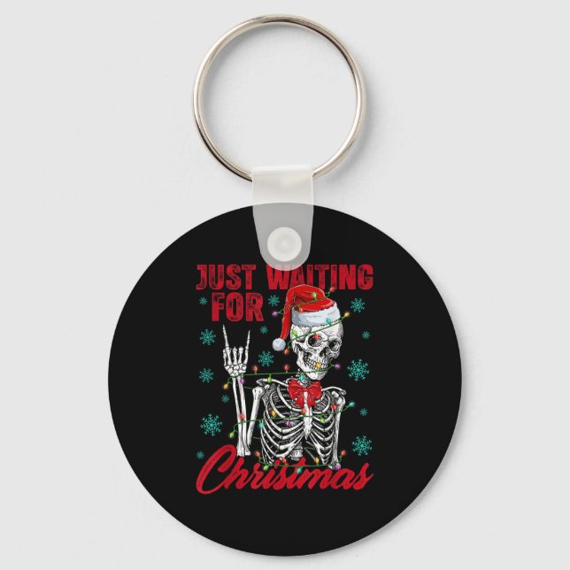 Just Waiting For Christmas Skeleton Rock Hand Sign Key Ring (Front)