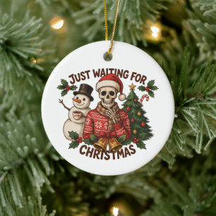 Just Waiting For Christmas Skeleton Snowman Latte Ceramic Tree Decoration
