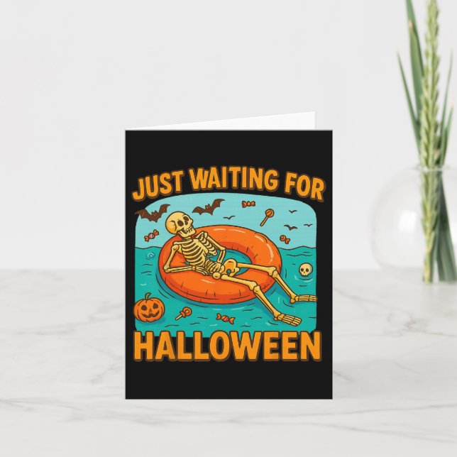 Just Waiting For Halloween Funny Skeleton Floating Card (Front)