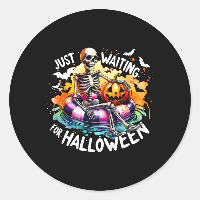 Just Waiting For Halloween Jack O Lantern Skeleton Classic Round Sticker (Front)