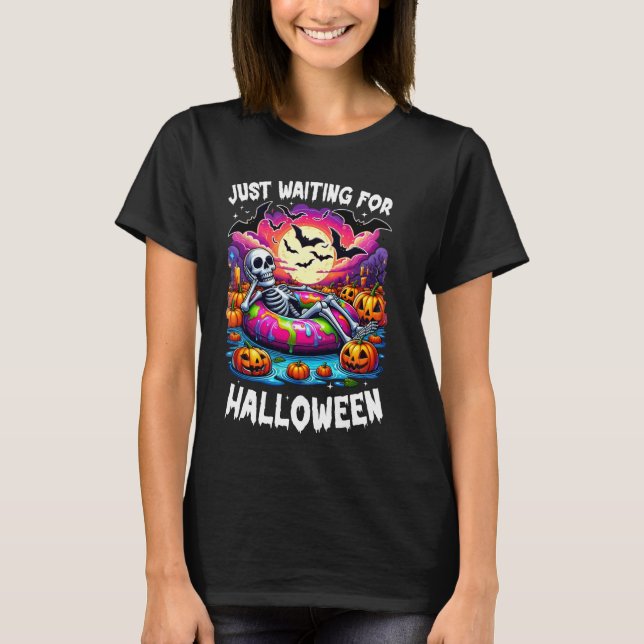 Just Waiting For Halloween Jack O Lantern Skeleton T-Shirt (Front)