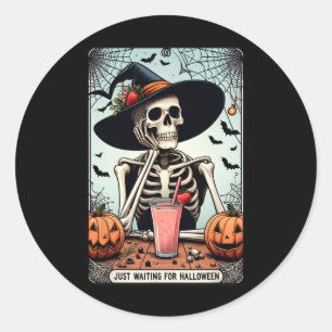 Just Waiting For Halloween Skeleton Hat Witches Classic Round Sticker