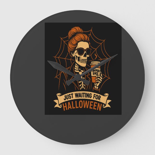 Just Waiting for Halloween Skeleton Large Clock (Front)